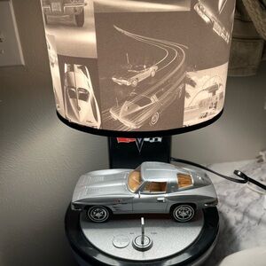 Silver Model Car with Lamp Shade, corvette stingray